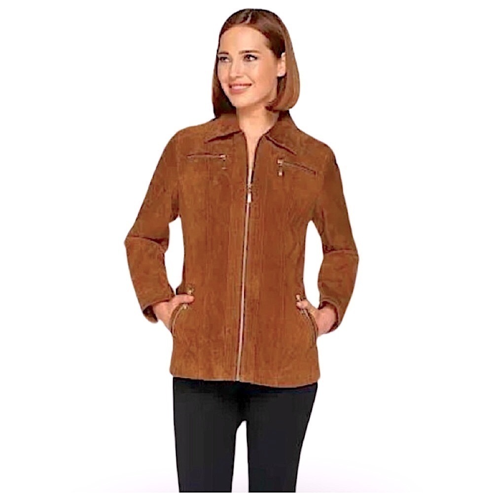 Dennis by Dennis Basso Boho Chestnut Brown Leather Zip-Up Collard Jacket Size XS
